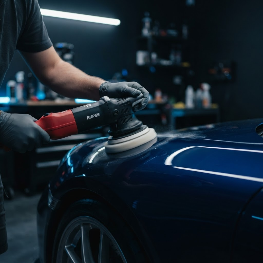 A polisher buffing glossy dark car paint to a mirror finish