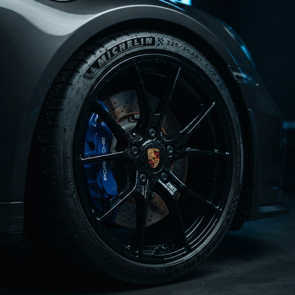 A freshly cleaned and dressed black alloy wheel and tire